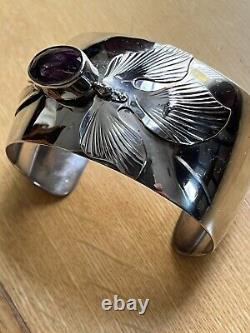 Vintage 1987 Carol Felley Amethyst Sterling Silver Wide Cuff Missing Orchid