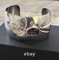 Vintage 1987 Carol Felley Amethyst Sterling Silver Wide Cuff Missing Orchid