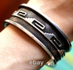 Vintage CAST STERLING SILVER + OVERLAY cuff signed TEWA tribal 46g 6.5 picto