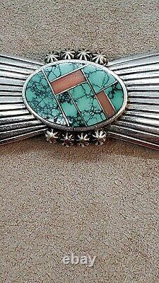 Vintage Cecelia Yazzie Sterling Silver Turquoise & Coral Pin Brooch Signed RARE