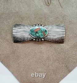 Vintage Cecelia Yazzie Sterling Silver Turquoise & Coral Pin Brooch Signed RARE