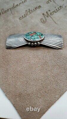 Vintage Cecelia Yazzie Sterling Silver Turquoise & Coral Pin Brooch Signed RARE