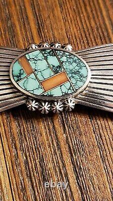 Vintage Cecelia Yazzie Sterling Silver Turquoise & Coral Pin Brooch Signed RARE