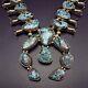 Vintage Navajo Sterling Silver & Blue Diamond Turquoise Squash Blossom Necklace