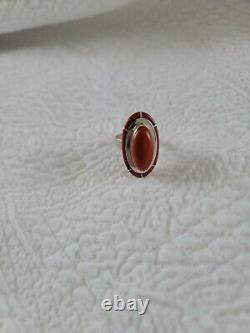 Vintage Native American Larry Castillo Red Coral & Inlaid Unique Ring Size 9.5