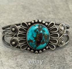 Vintage Native American NAVAJO Turquoise Hand Pulled Silver Wire Bracelet 7 39g