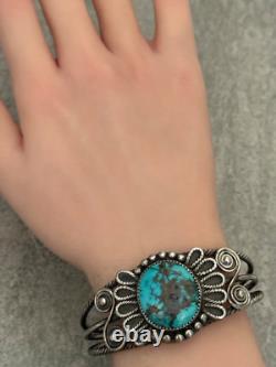 Vintage Native American NAVAJO Turquoise Hand Pulled Silver Wire Bracelet 7 39g