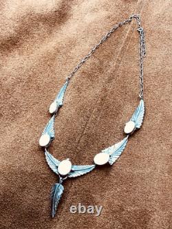 Vintage Native American Navajo 5 Panel Sterling Mop Feather Necklace Pendant 19