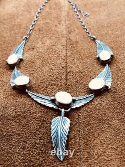 Vintage Native American Navajo 5 Panel Sterling Mop Feather Necklace Pendant 19