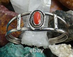 Vintage, Native American, Navajo, Coral Cuff Bracelet, Sterling Silver, Signed HJ