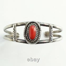 Vintage, Native American, Navajo, Coral Cuff Bracelet, Sterling Silver, Signed HJ