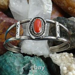 Vintage, Native American, Navajo, Coral Cuff Bracelet, Sterling Silver, Signed HJ