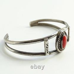 Vintage, Native American, Navajo, Coral Cuff Bracelet, Sterling Silver, Signed HJ