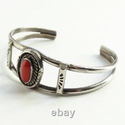 Vintage, Native American, Navajo, Coral Cuff Bracelet, Sterling Silver, Signed HJ