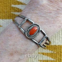 Vintage, Native American, Navajo, Coral Cuff Bracelet, Sterling Silver, Signed HJ