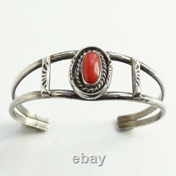 Vintage, Native American, Navajo, Coral Cuff Bracelet, Sterling Silver, Signed HJ