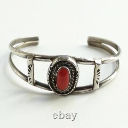 Vintage, Native American, Navajo, Coral Cuff Bracelet, Sterling Silver, Signed HJ