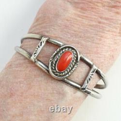 Vintage, Native American, Navajo, Coral Cuff Bracelet, Sterling Silver, Signed HJ