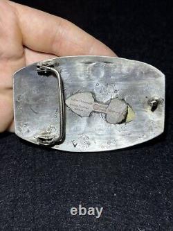 Vintage Native American Navajo Dancing Kokope Turquoise Coral Silver Belt Buckle
