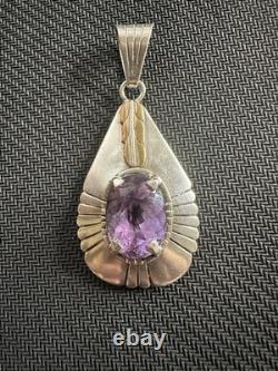 Vintage Native American Navajo Designer Signed Amethyst Necklace Pendant, 2.5