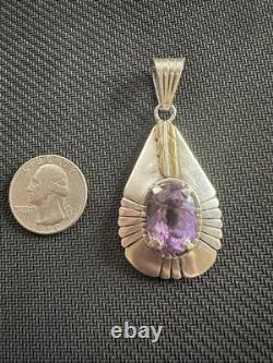 Vintage Native American Navajo Designer Signed Amethyst Necklace Pendant, 2.5