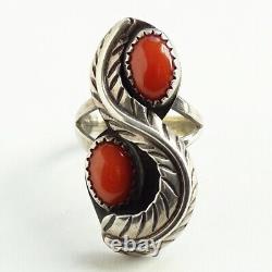Vintage Native American Navajo Double Coral Sterling Silver Ring Size 6 3/4