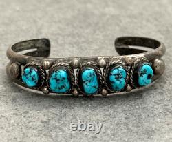 Vintage Native American Navajo FIVE TURQUOISE Row Sterling Bracelet 6.5 in