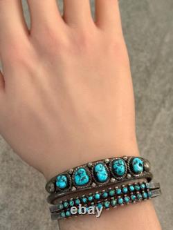 Vintage Native American Navajo FIVE TURQUOISE Row Sterling Bracelet 6.5 in