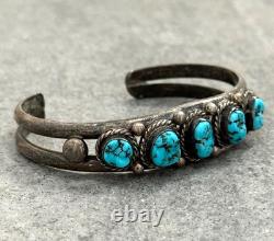 Vintage Native American Navajo FIVE TURQUOISE Row Sterling Bracelet 6.5 in