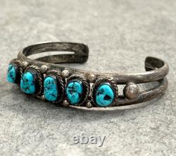Vintage Native American Navajo FIVE TURQUOISE Row Sterling Bracelet 6.5 in