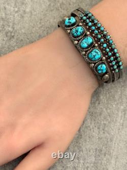 Vintage Native American Navajo FIVE TURQUOISE Row Sterling Bracelet 6.5 in