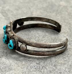 Vintage Native American Navajo FIVE TURQUOISE Row Sterling Bracelet 6.5 in