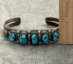 Vintage Native American Navajo FIVE TURQUOISE Row Sterling Bracelet 6.5 in
