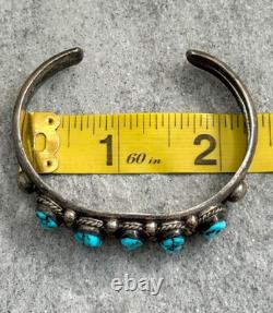 Vintage Native American Navajo FIVE TURQUOISE Row Sterling Bracelet 6.5 in