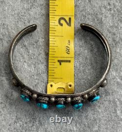 Vintage Native American Navajo FIVE TURQUOISE Row Sterling Bracelet 6.5 in