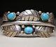 Vintage Native American Navajo Foliate Sterling Silver Turquoise Cuff Bracelet