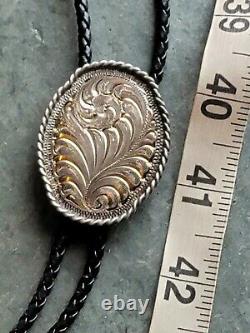 Vintage Native American Navajo Gorgeous Sterling Silver Gold Etched Men's Bolo