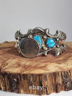 Vintage Native American Navajo Jewelry Sandcast Silver Turquoise Cuff Bracelet