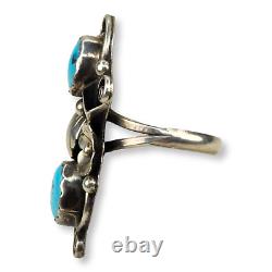 Vintage Native American Navajo Long Sterling Silver Turquoise Ring Size 7.25