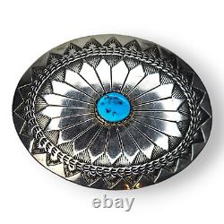 Vintage Native American Navajo Nickel Silver and Kingman Turquoise Brooch Pin