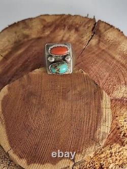 Vintage Native American Navajo Old Pawn Jewelry Turquoise Coral Silver Ring
