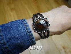 Vintage Native American Navajo Petrified Wood Sterling Silver Cuff Bracelet