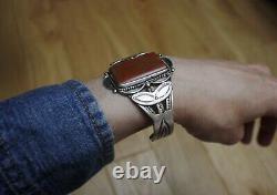 Vintage Native American Navajo Red Agate Sterling Silver Cuff Bracelet