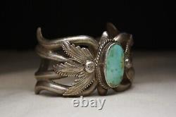 Vintage Native American Navajo Sandcast Sterling Silver Turquoise Cuff Bracelet