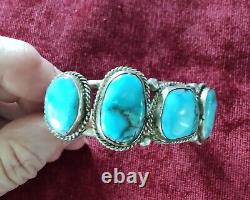 Vintage Native American Navajo Signed Sterling Silver Turquoise Bracelet WOW