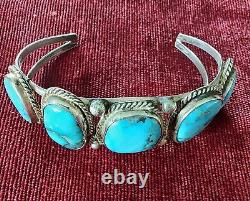 Vintage Native American Navajo Signed Sterling Silver Turquoise Bracelet WOW
