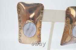 Vintage Native American Navajo Sterling Silver Agate Earrings Signed AT