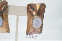 Vintage Native American Navajo Sterling Silver Agate Earrings Signed AT