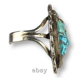 Vintage Native American Navajo Sterling Silver Carved Turquoise Ring Size 6.25