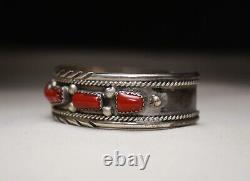 Vintage Native American Navajo Sterling Silver Coral Cuff Bracelet